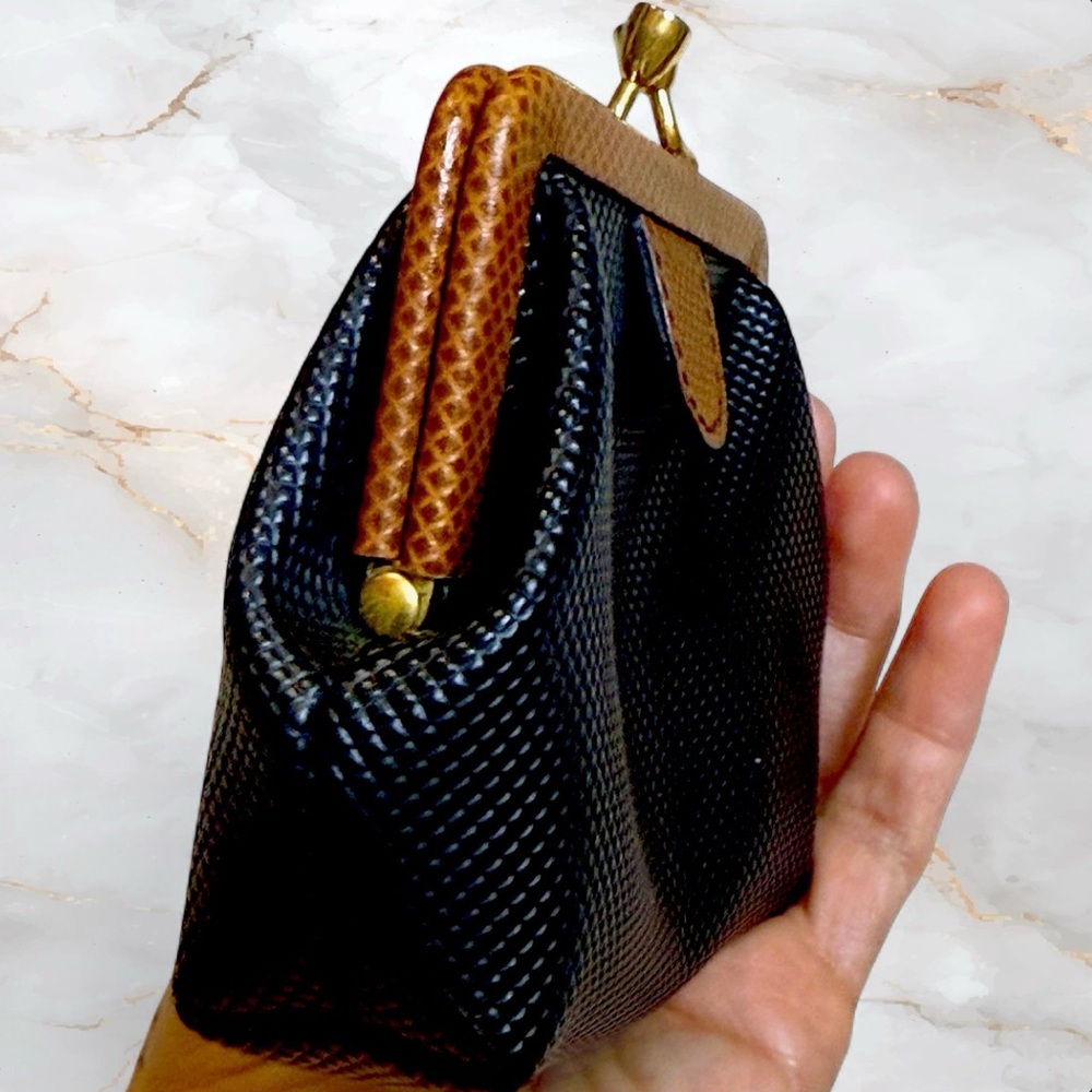 Vintage Bottega Veneta Lizard Skin & Black Leather Kiss Lock Small Clutch EUC - Picture 5 of 8